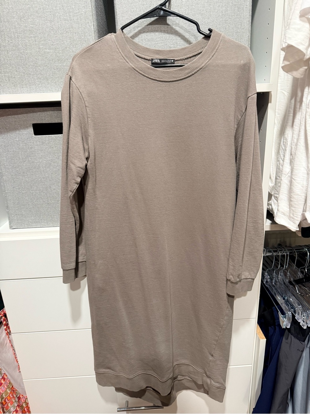 Zara Taupe Crewneck Long-Sleeve Sweatshirt Dress